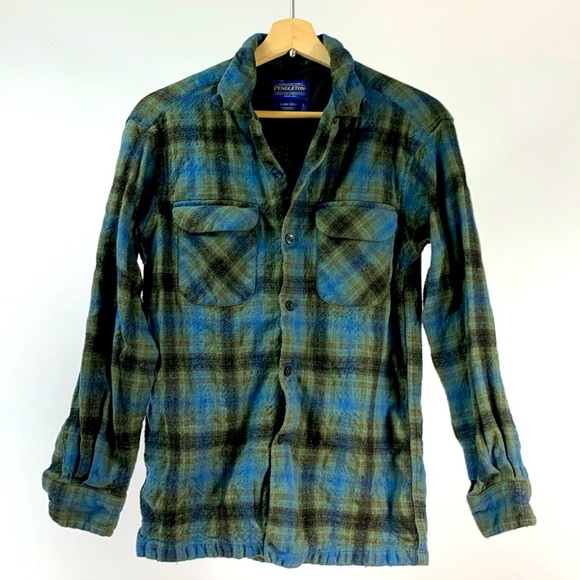 Pendleton Portland Oregon Plaid Green/Blue Button Down 100% Wool Shirt XS - Picture 2 of 10